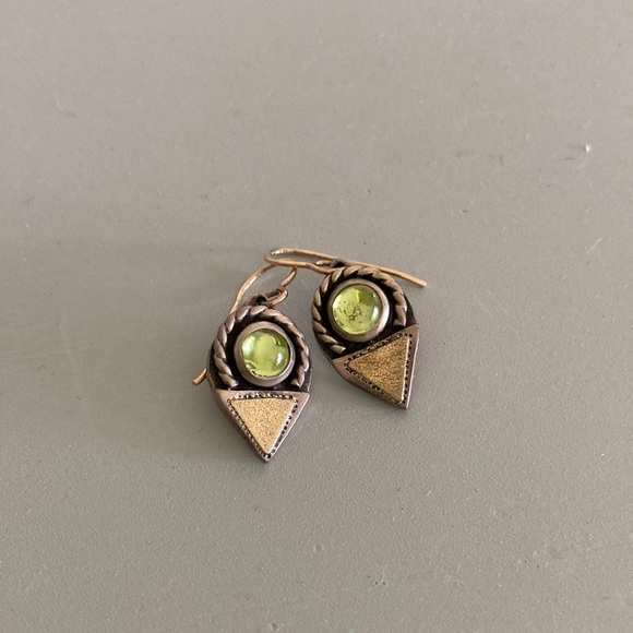Silver and gold Artisan Handmade Earrings with Green Stone boho vibes - Picture 1 of 6